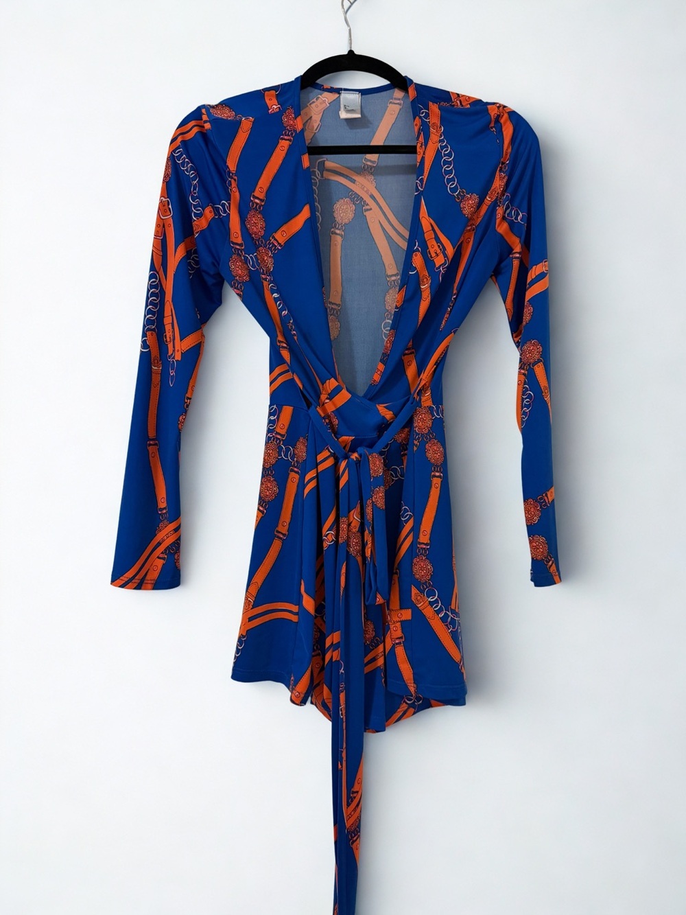 Blue & Orange Belt-Print Wrap Romper